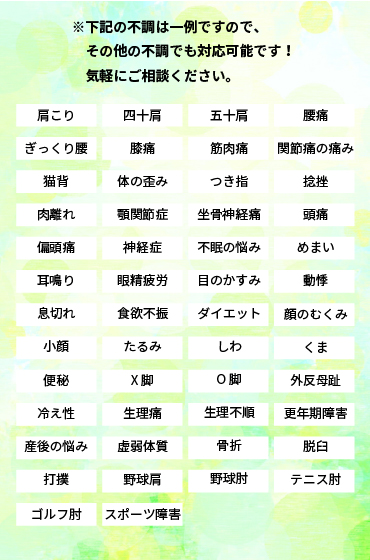 ※下記の不調は一例ですので、その他の不調でも対応可能です!お気軽にご相談ください。肩こり、四十肩、五十肩、腰痛、ぎっくり腰、膝痛、筋肉痛、関節痛、猫背、体の歪み、つき指、捻挫、肉離れ、顎関節症、坐骨神経痛、頭痛、偏頭痛、神経症、不眠、めまい、耳鳴り、眼精疲労、目のかすみ、動悸、息切れ、食欲不振、ダイエット、顔のむくみ、小顔、たるみ、しわ、くま、便秘、X脚、O脚、外反母趾、冷え症、生理痛、生理不順、更年期障害、産後の悩み、虚弱体質、骨折、脱臼、打撲、野球肩、野球肘、テニス肘、ゴルフ肘、スポーツ障害