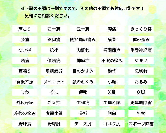 ※下記の不調は一例ですので、その他の不調でも対応可能です!お気軽にご相談ください。肩こり、四十肩、五十肩、腰痛、ぎっくり腰、膝痛、筋肉痛、関節痛、猫背、体の歪み、つき指、捻挫、肉離れ、顎関節症、坐骨神経痛、頭痛、偏頭痛、神経症、不眠、めまい、耳鳴り、眼精疲労、目のかすみ、動悸、息切れ、食欲不振、ダイエット、顔のむくみ、小顔、たるみ、しわ、くま、便秘、X脚、O脚、外反母趾、冷え症、生理痛、生理不順、更年期障害、産後の悩み、虚弱体質、骨折、脱臼、打撲、野球肩、野球肘、テニス肘、ゴルフ肘、スポーツ障害